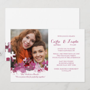 Convite de Casamento Foto Peças de Puzzle Rosa