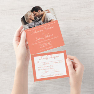 Convite de Casamento Foto Pêssego Elegante