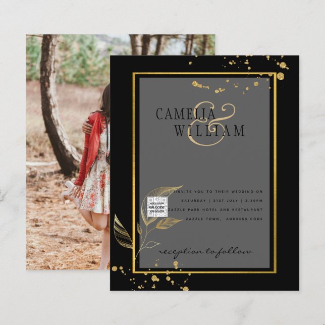 Convite de Casamento Foto Preto Branco Código QR S (Frente/Verso)