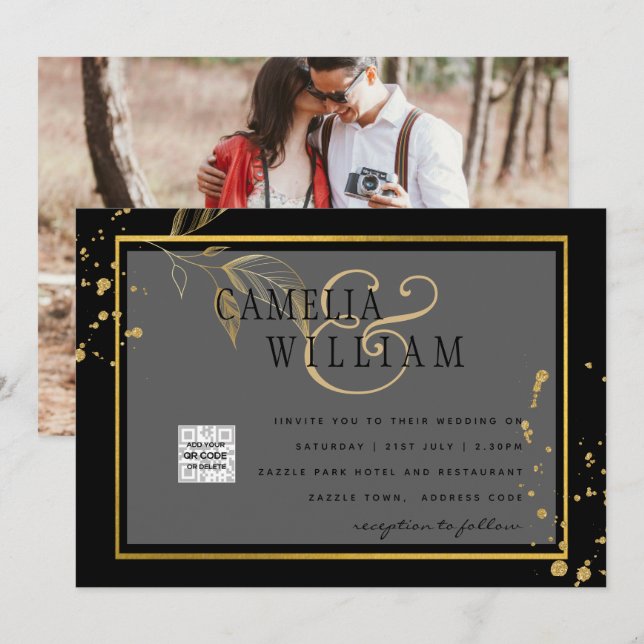 Convite de Casamento Foto Preto Branco Código QR S (Frente/Verso)