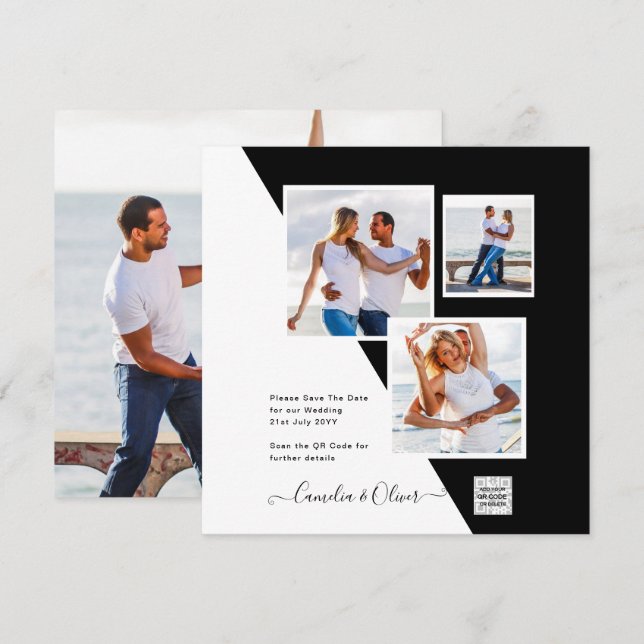 Convite de Casamento Foto Preto Branco Código QR S (Frente/Verso)