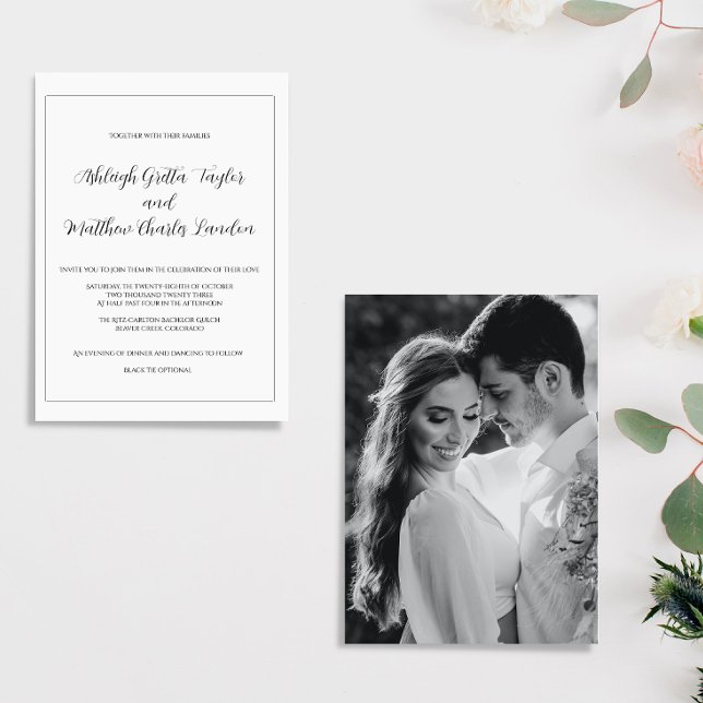 Convite de Casamento Foto Preto e Branco Elegante (Criador carregado)