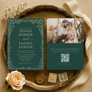 Convite de Casamento Foto QR Code Verde Esmeralda 