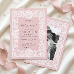 Convite de Casamento Foto Rosa Bege em Renda Vinta