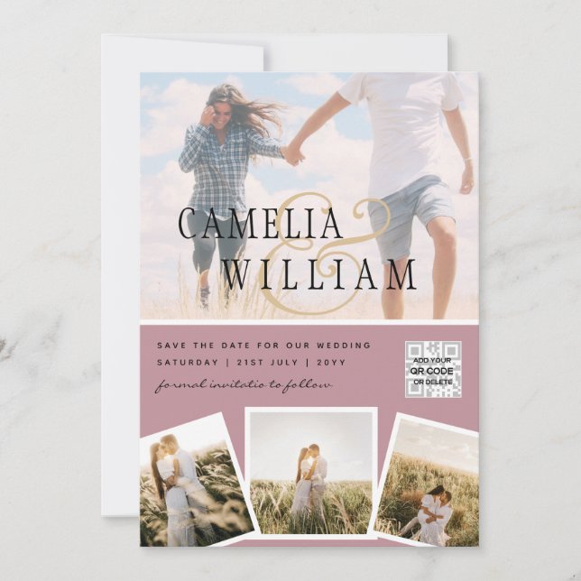 Convite de Casamento Foto Rosa Código QR Salvar Da (Frente)