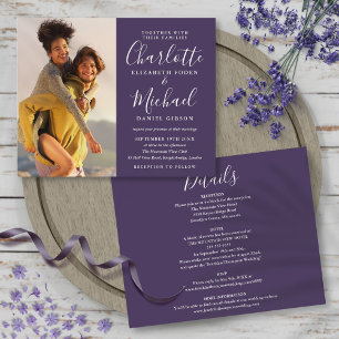 Convite de Casamento Foto Roxo Tudo Em Um Orçament
