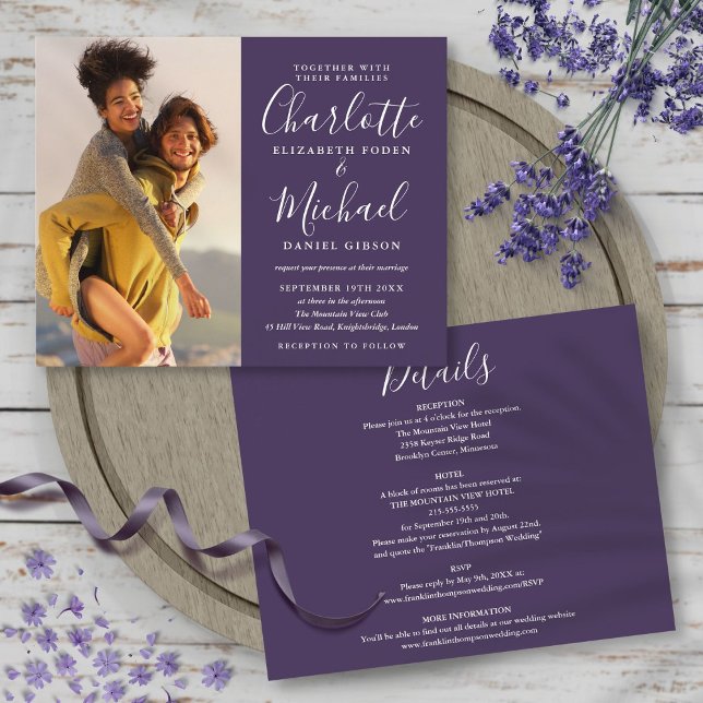 Convite de Casamento Foto Roxo Tudo Em Um Orçament (Budget All In One Purple Photo Wedding Invite)