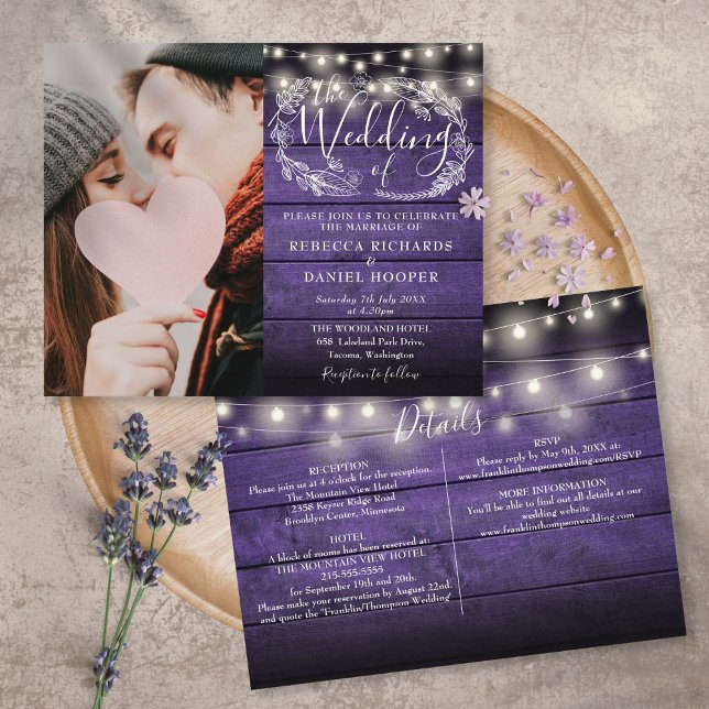 Convite de Casamento Foto Roxo Tudo Em Um Orçament (Criador carregado)