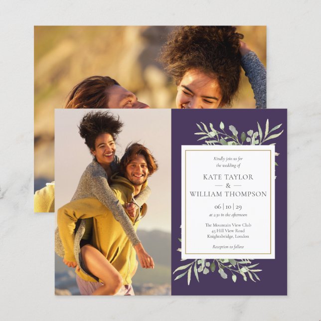 Convite de Casamento Foto Roxo Verde Orçamento (Frente/Verso)