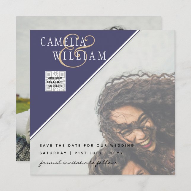 Convite de casamento FOTO RSVP Azul CÓDIGO QR (Frente/Verso)