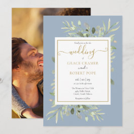 Convite de Casamento Foto Script Dourado Azul Poei