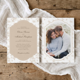 Convite de Casamento Foto Toile Bege Creme Antigo