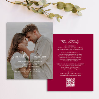 Convite de Casamento Foto Vermelho Magenta Elegant