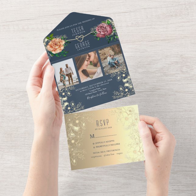 Convite de Casamento Fotográfico Azul Marinho Eleg (Aba destacável)