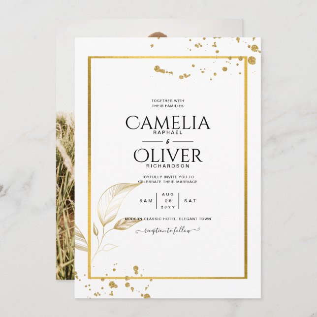Convite de Casamento Fotográfico Branco e Dourado  (Frente/Verso)