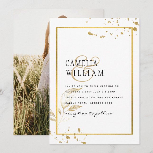 Convite de Casamento Fotográfico Branco e Dourado  (Frente/Verso)