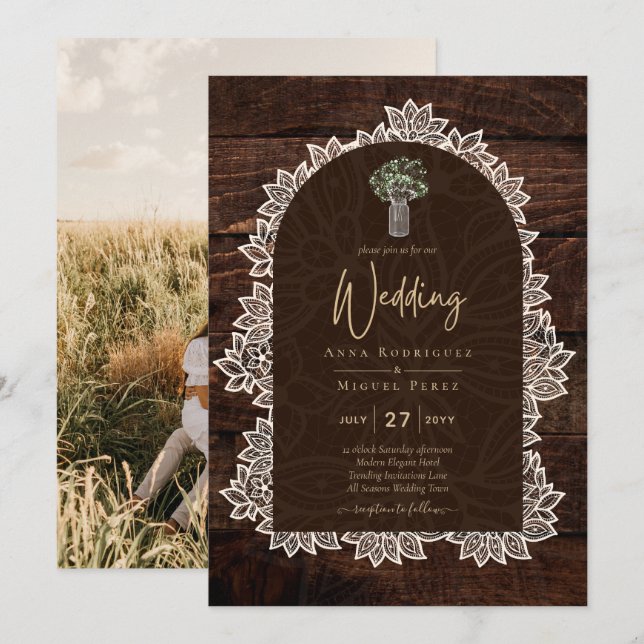 Convite de Casamento Fotográfico com Renda Rústica (Frente/Verso)