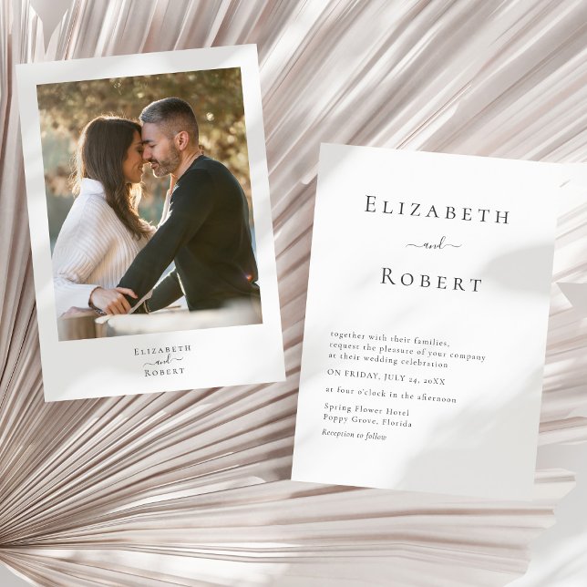 Convite de Casamento Fotográfico de Casal Minimali (Modern Minimalist Couple Photo Wedding Invitation on a sunny neutral dry palm leaf.)