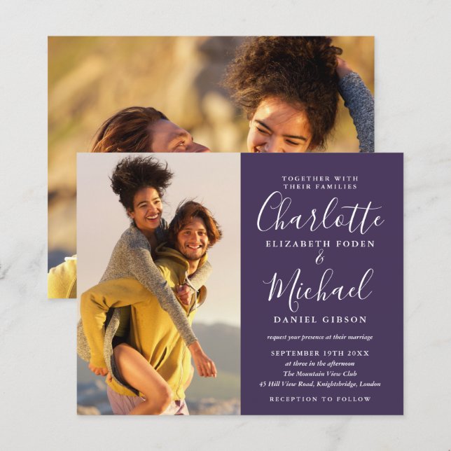 Convite de Casamento Fotos Rótulo Roxo Orçamento (Frente/Verso)