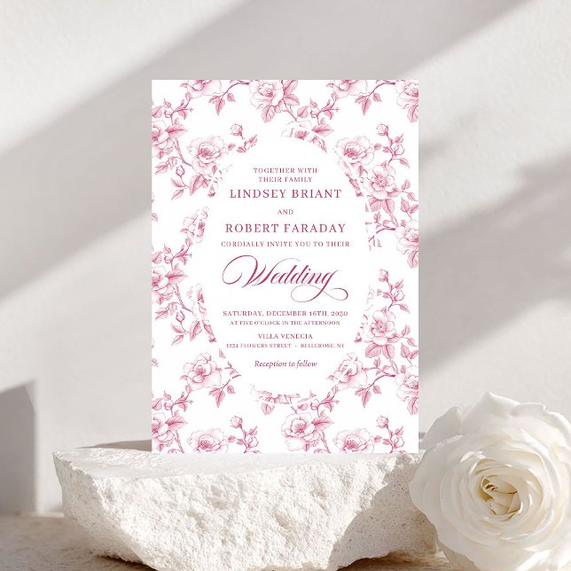 Convite de Casamento Francês Toile de Jouy Rosas R (French Toile de Jouy Roses Dusty Pink Wedding Invite)