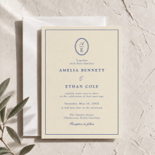 Convite de Casamento French Blue Clássico Monogram
