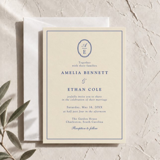 Convite de Casamento French Blue Clássico Monogram (Criador carregado)