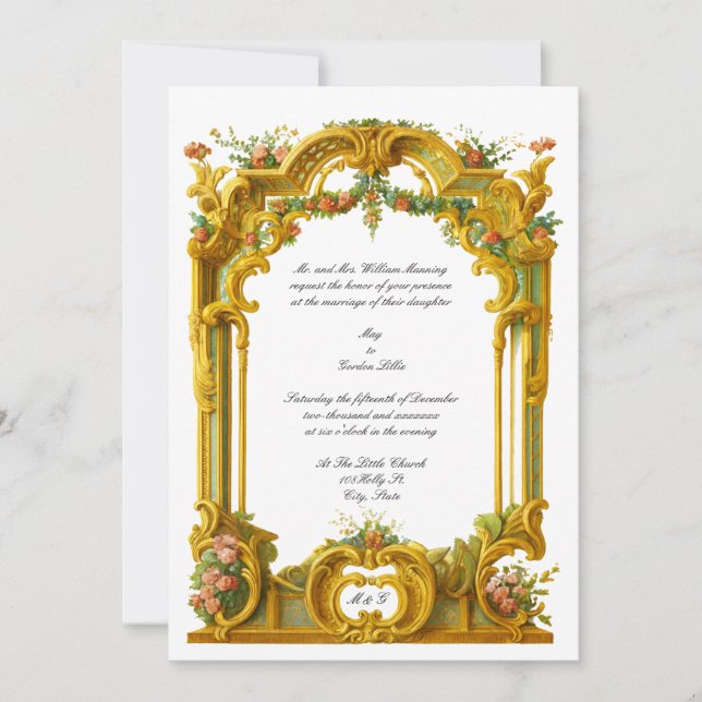 Convite de Casamento Fronteira Cor Estilo Rococó B (Frente)