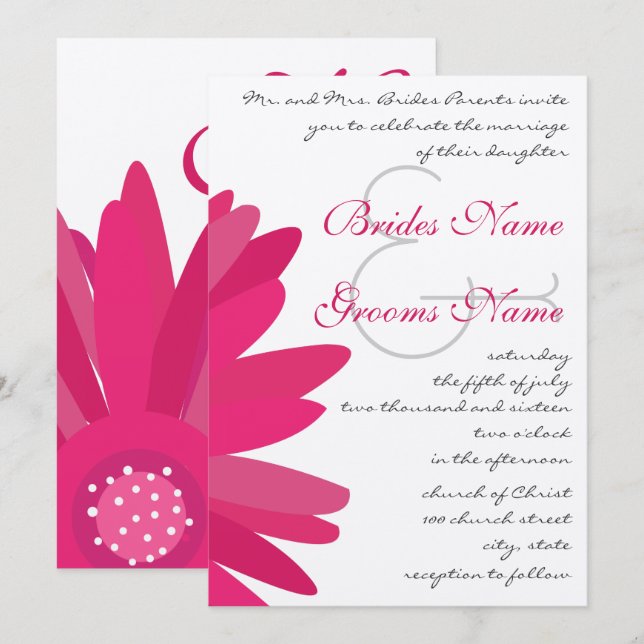 Convite de Casamento Fuchsia Gerber Daisy (Frente/Verso)