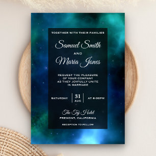 Convite de Casamento Galáxia Azul Verde Nebulosa E