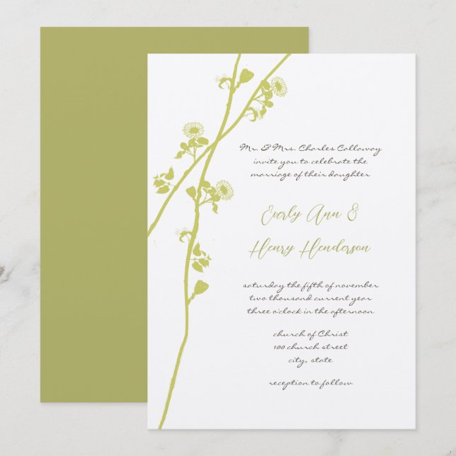 Convite de Casamento Galho de Flor Silvestre Lima  (Frente/Verso)