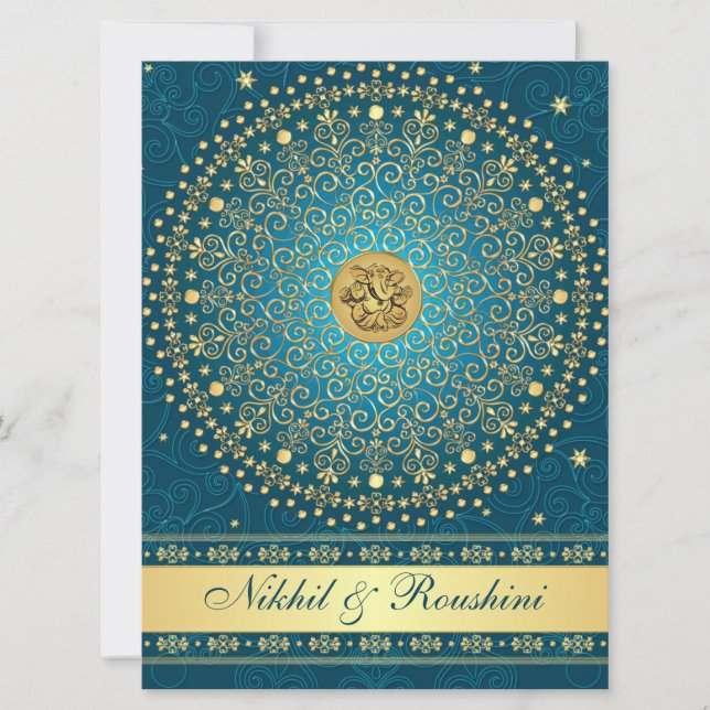Convite de Casamento Ganesh Teal Gold Scrolls Gran (Frente)