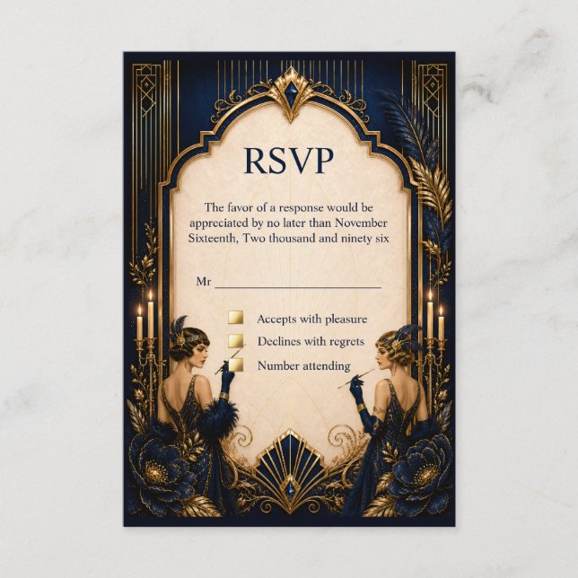 Convite de casamento Gatsby anos 20 rsvp (Frente)