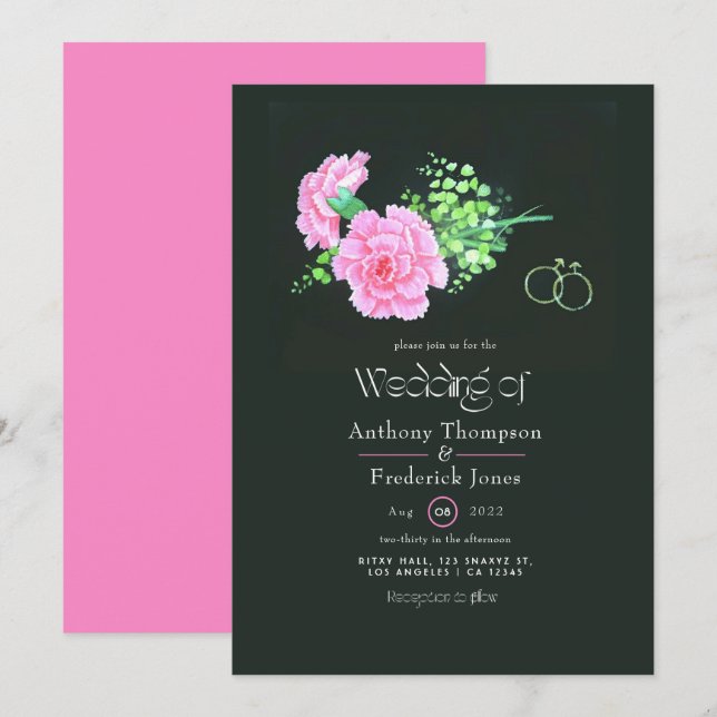 Convite de Casamento Gay com Cravos Rosa (Frente/Verso)