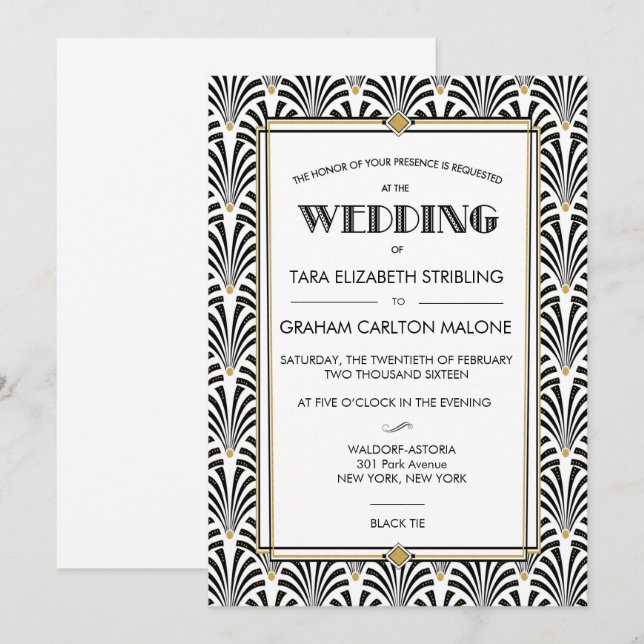 Convite de Casamento Geométrico Art Deco Gatsby (Frente/Verso)