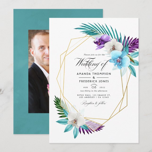 Convite de Casamento Geométrico de Orquídeas Tropi (Frente/Verso)