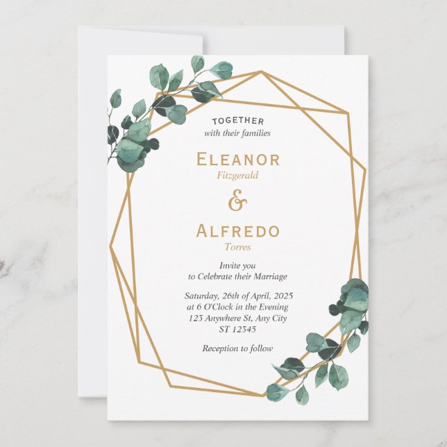 Convite de Casamento Geométrico Dourado com Verde  (Frente)