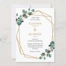 Convite de Casamento Geométrico Dourado com Verde