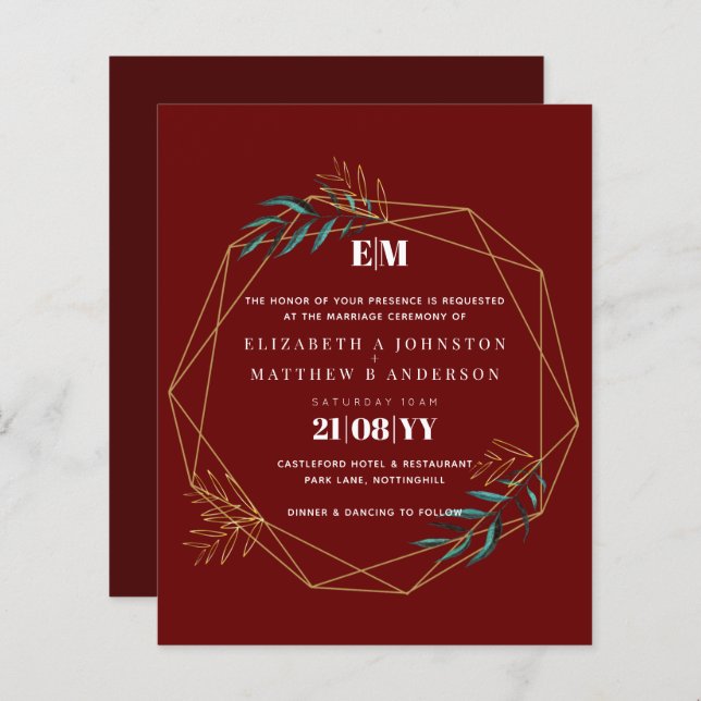 Convite de casamento Geométrico Dourado Vermelho c (Frente/Verso)