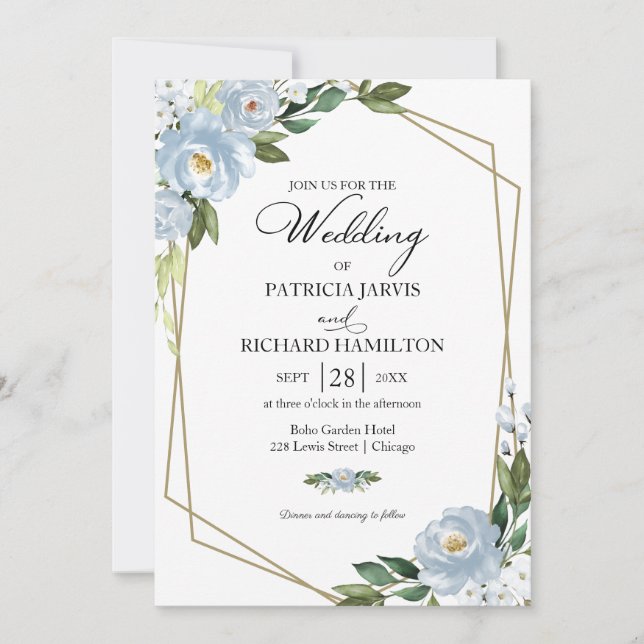 Convite de Casamento Geométrico Floral Azul Empoei (Frente)