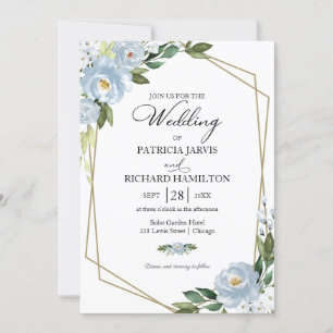 Convite de Casamento Geométrico Floral Azul Empoei