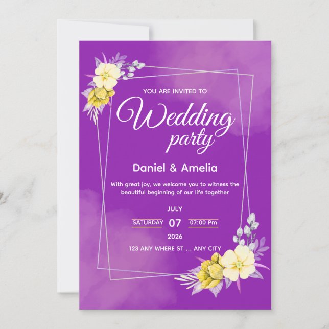 Convite de Casamento Geométrico Floral Roxo (Frente)