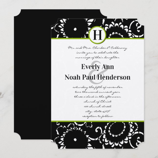 Convite de Casamento Girassóis Damask Verde Maçã (Frente/Verso)