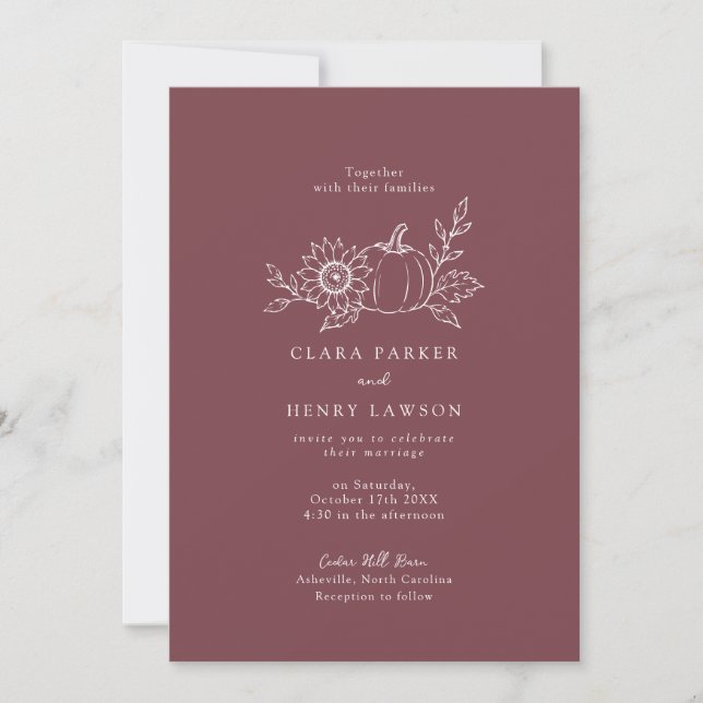Convite de Casamento Girassol Abóbora Borgonha (Frente)