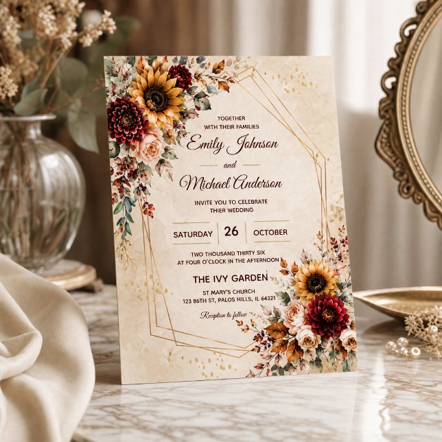 Convite de Casamento Girassol Outono Borgonha (#AutumnWedding #SunflowerWedding #BurgundyWedding #FallWeddingInvitation #WeddingTemplate )