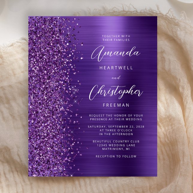 Convite de Casamento Glam Purple Brilhante no Orça (Criador carregado)