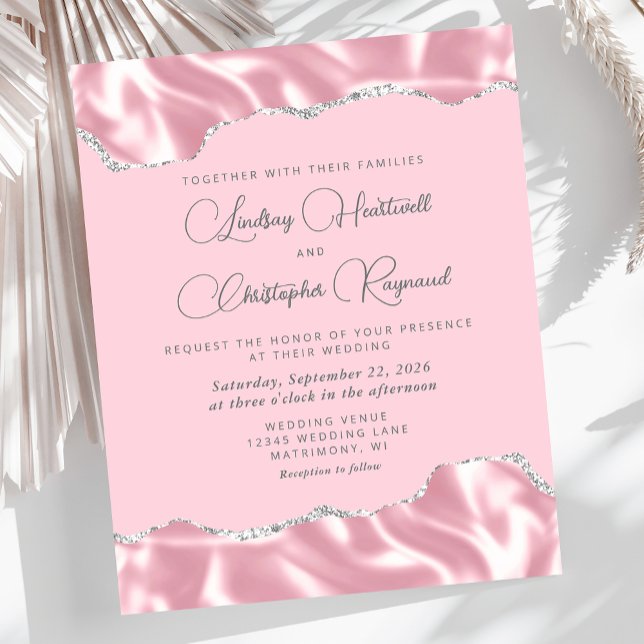 Convite de Casamento Glam Rosa em Seda e Prata (Criador carregado)