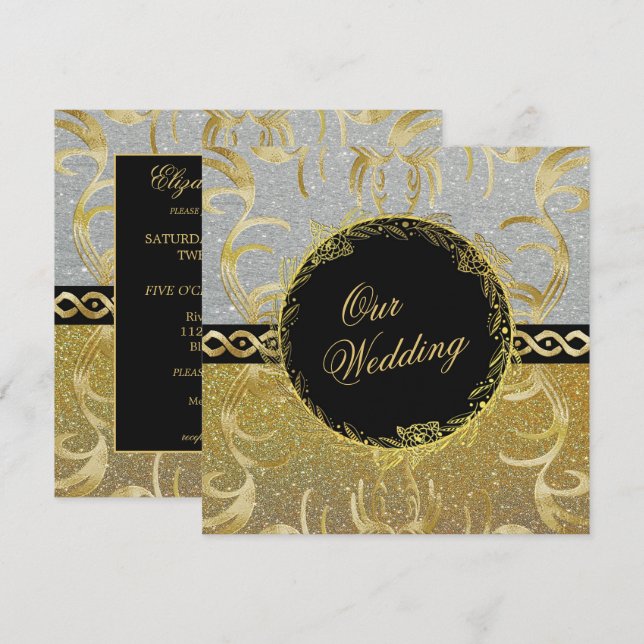 Convite de casamento Glamouroso Dourado e Prateado (Frente/Verso)