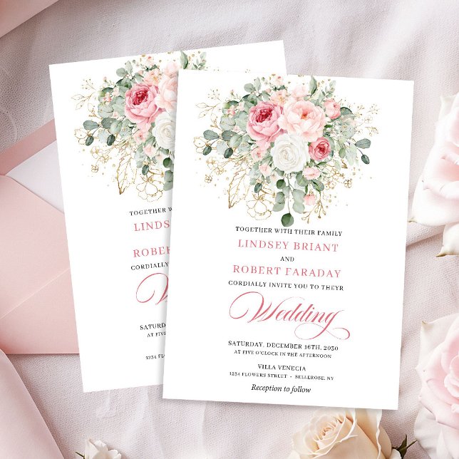 Convite de Casamento Glitter Dourado Peônia Blush  (Stylish Blush Peony Gold Glitter Wedding Invitation)