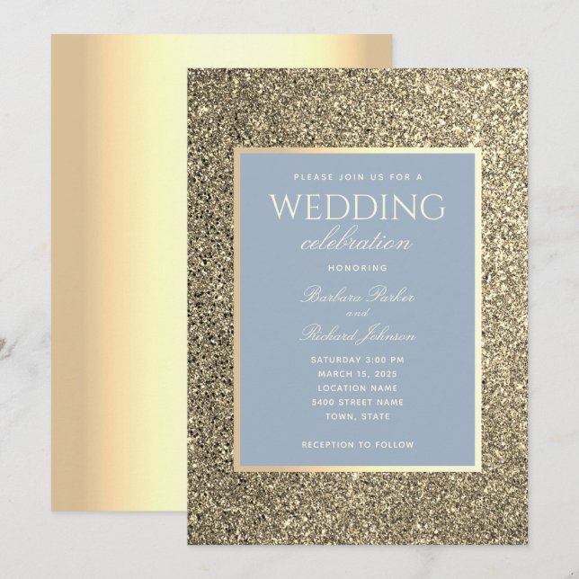 Convite de Casamento Glitter Gold e Azul Empoeirad (Frente/Verso)