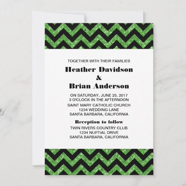 Convite de casamento Glitter Verde Chevron (Frente)